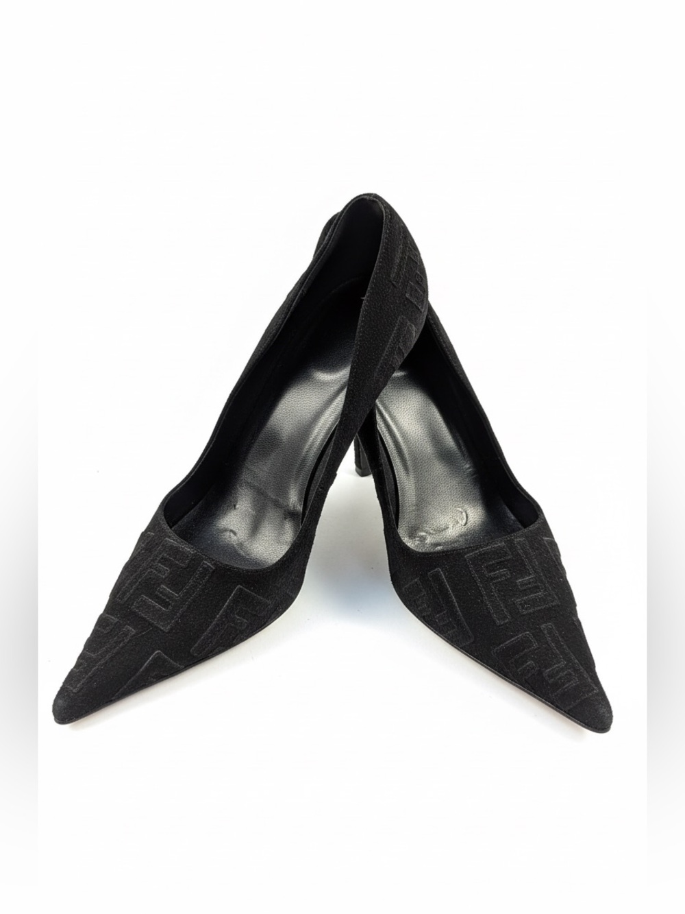 Fendi Black Suede Pointed Toe Logo Pumps